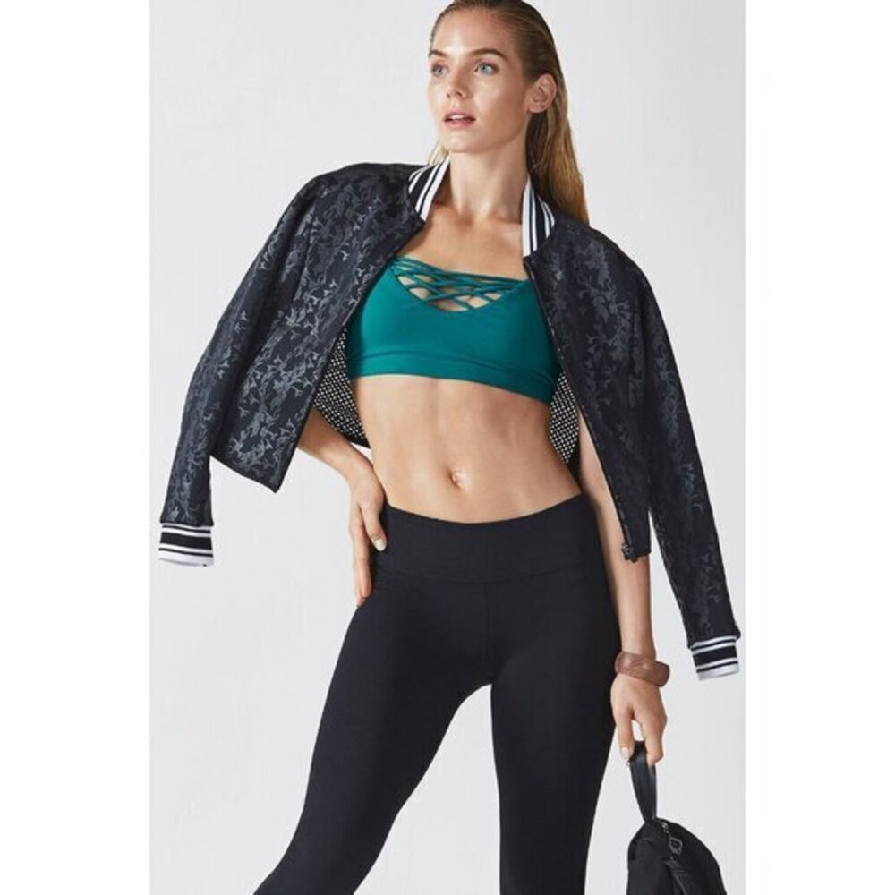 Fabletics Athletic Sport Bomber Jacket Black Floral Print Mesh Back SZ L New